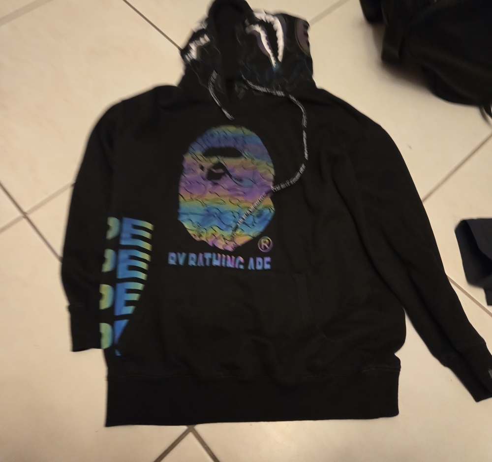 Bape Black Hoodie with Rainbow Wave Ape Head Graphic